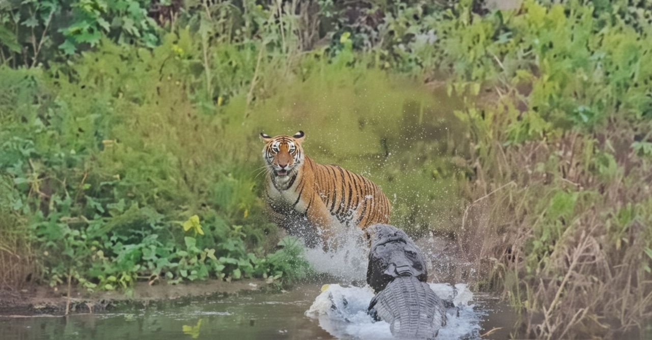Tiger narrowly escapes death after crocodile’s sudden ambush at Jim Corbett Reserve, watch Tiger narrowly escapes death after crocodile’s sudden ambush at Jim Corbett Reserve, watch